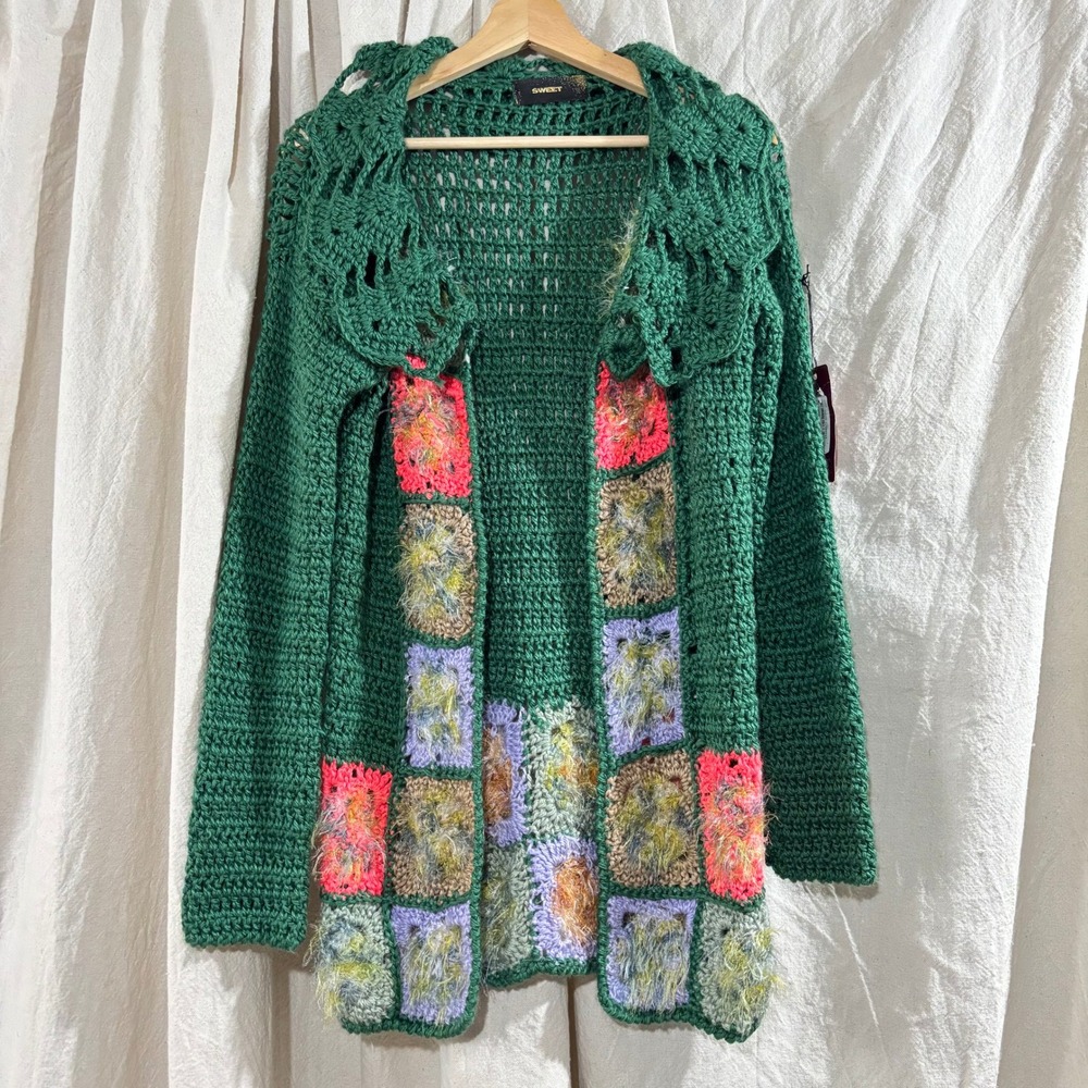 Sweet Argentina Green Crochet Granny Square Cardigan Sweater Fuzzy Patchwork S